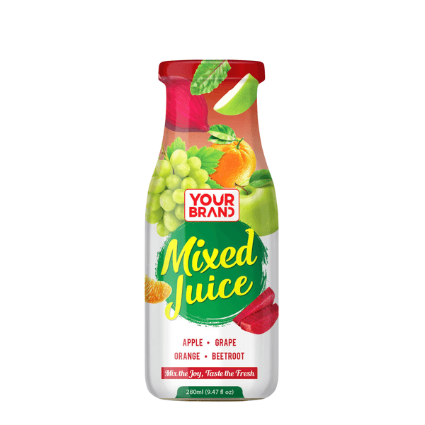 280 ml, VOTRE MARQUE : jus mélangés pomme, raisin, mandarine et betterave.