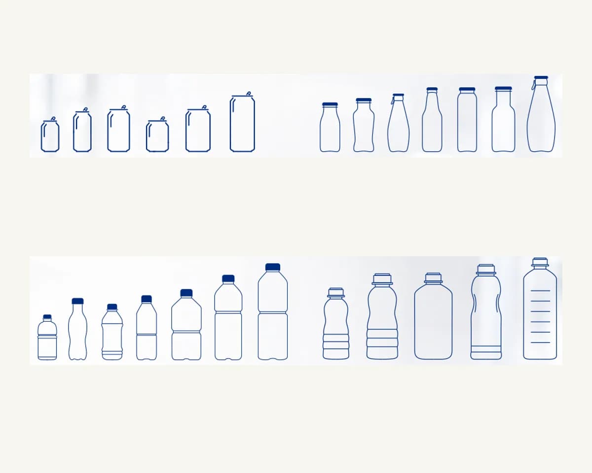 Illustrated can and bottle formats in several sizes.
