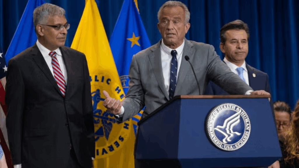 Robert F. Kennedy Jr. speaks at a news conference at the Health and Human Services Headquarters in Washington, DC on 22 April 2025 on removing synthetic dyes from America’s food supply.